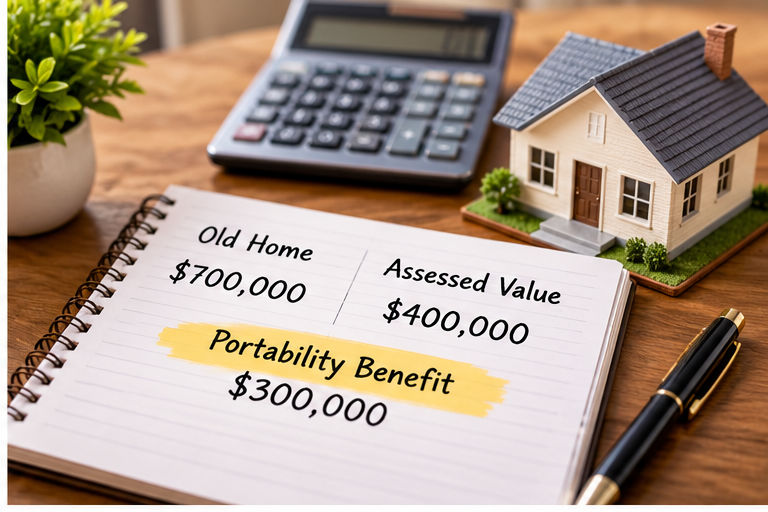 Florida property tax portability example showing a $700,000 home, $400,000 assessed value, and $300,000 portability benefit.