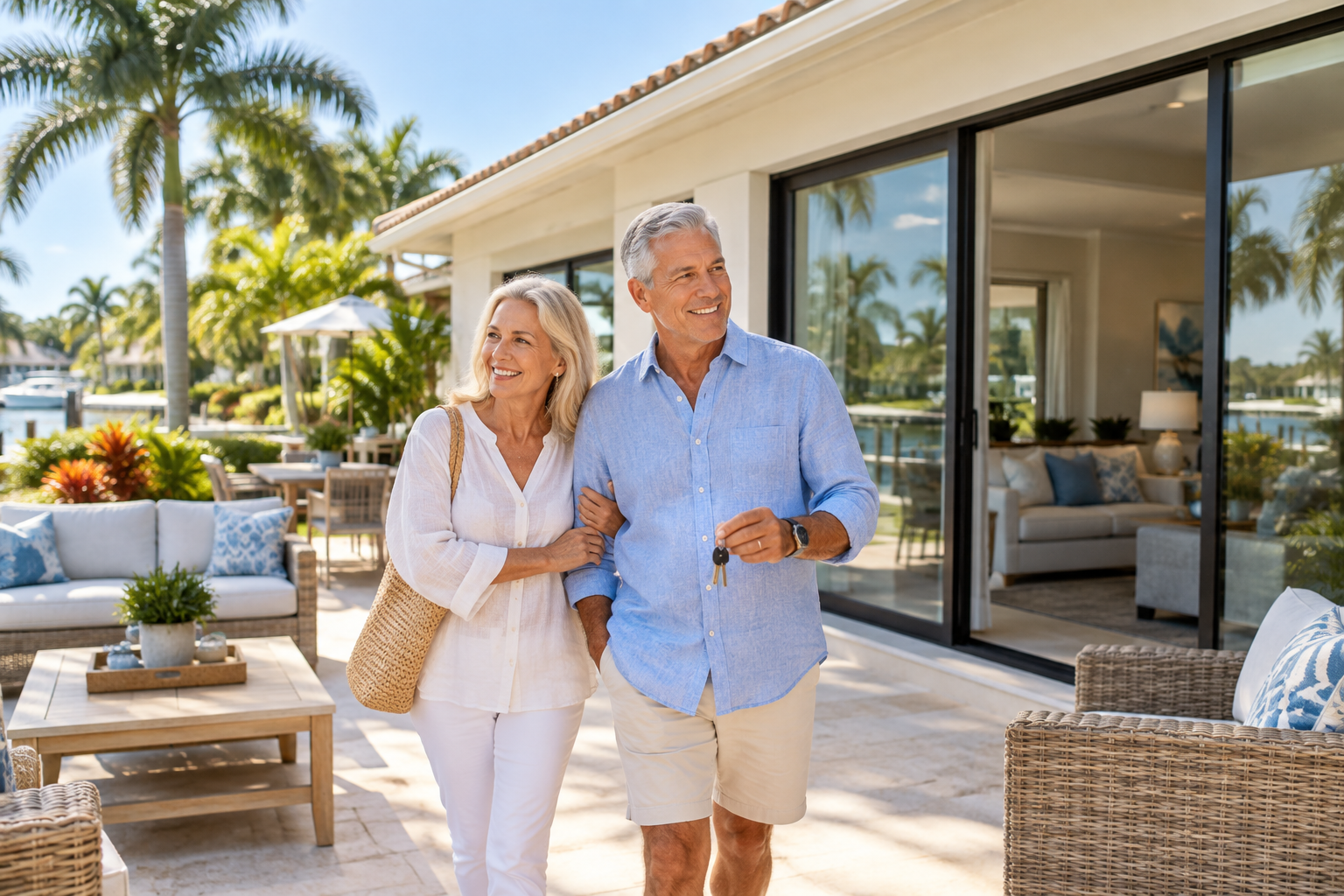 Couple holding house keys on the sunny patio of a South Florida home.