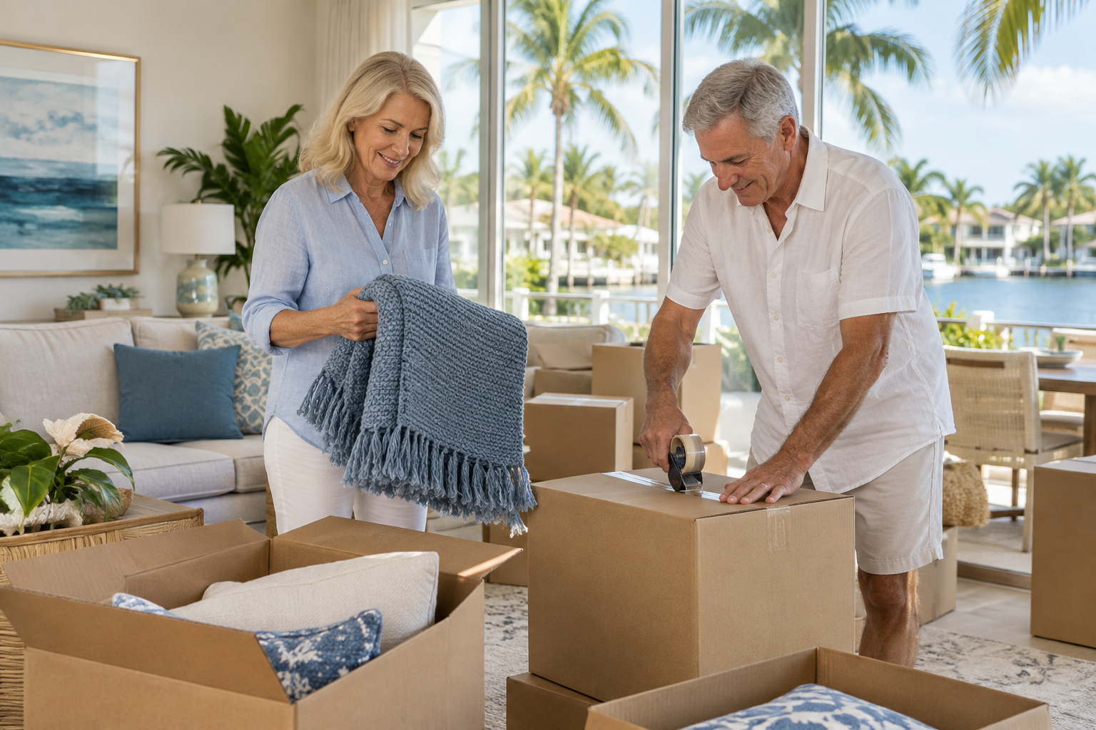 Couple packing moving boxes in a bright South Florida living room.