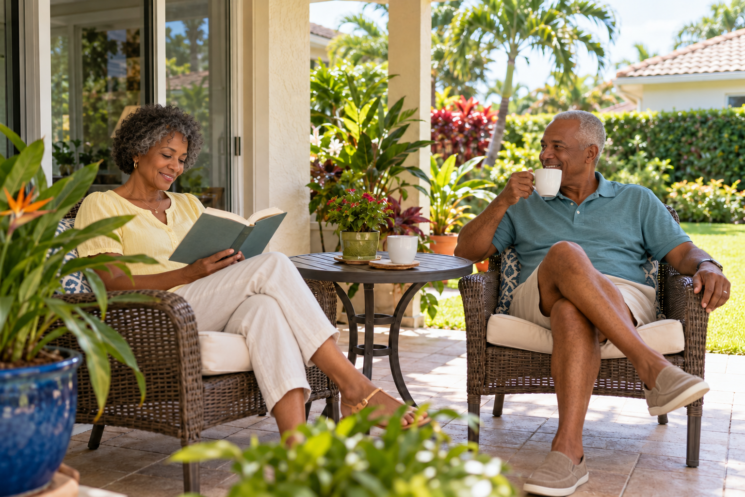 Older couple reading and drinking coffee on a covered patio surrounded by tropical plants.