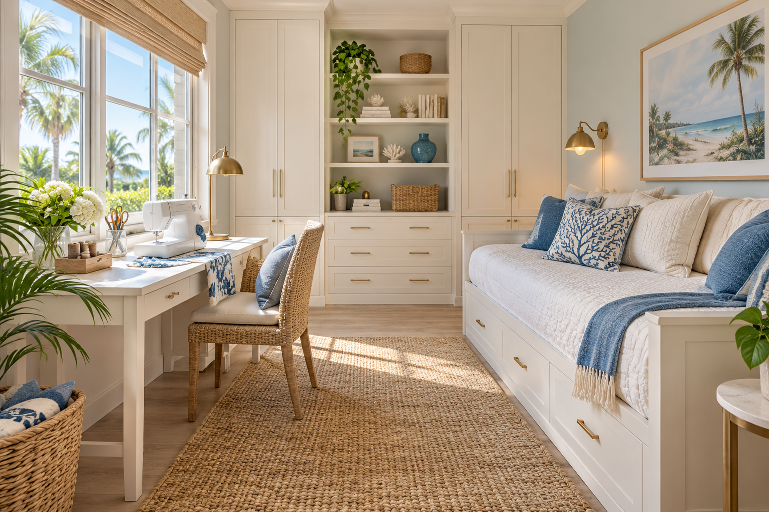 Multipurpose room with a sewing desk, guest daybed, and built-in storage.