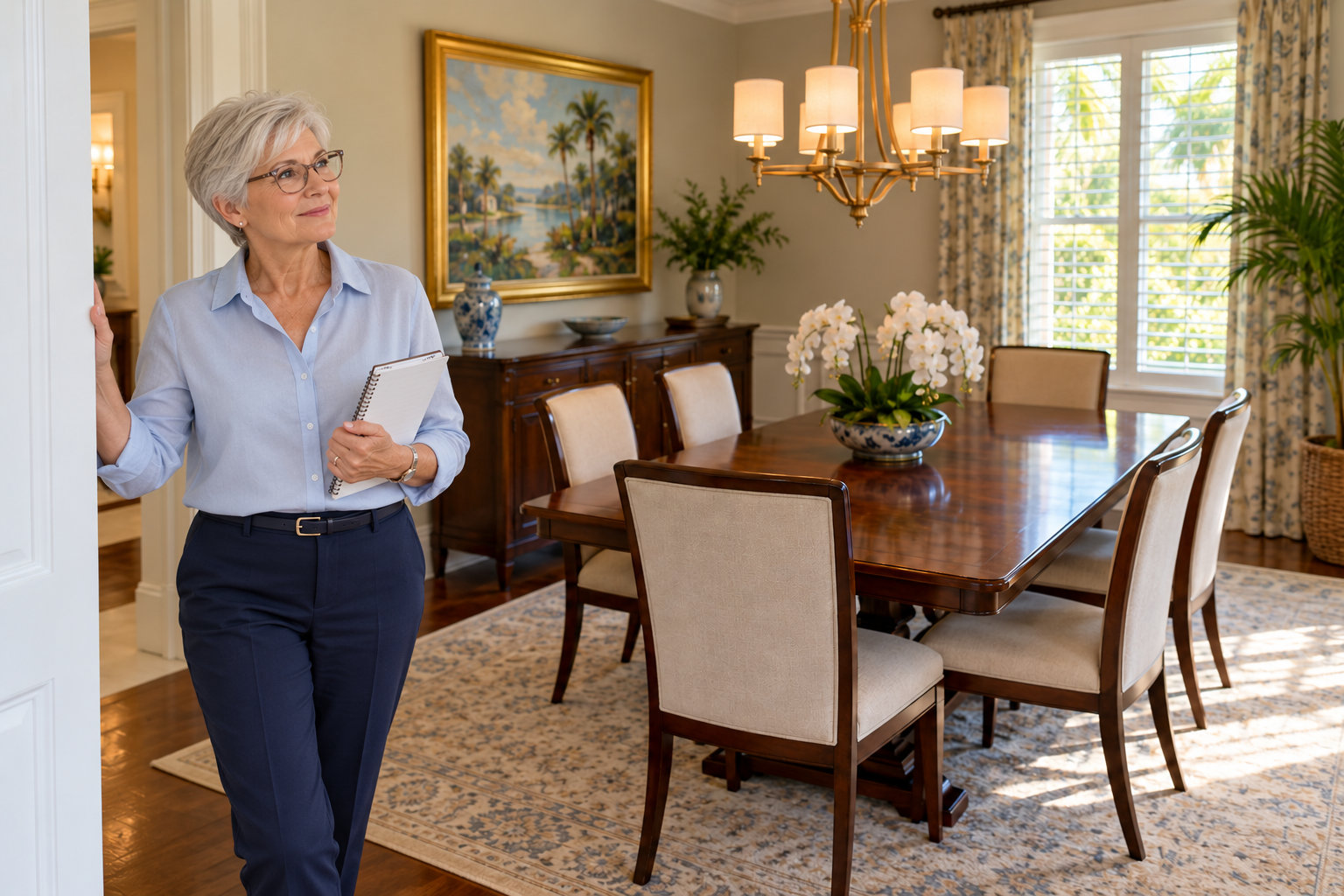 Woman holding a notebook while looking around a formal dining room to evaluate her space needs.