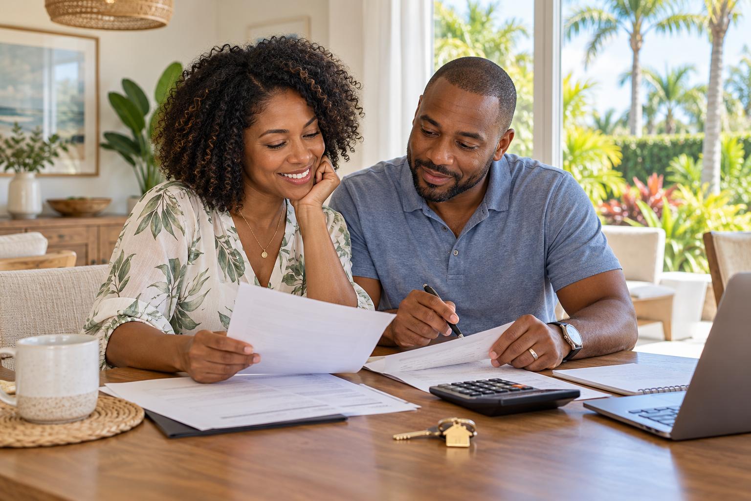 Couple reviewing home purchase paperwork with a calculator and house keys on the table. Couple reviewing home purchase paperwork with a calculator and house keys on the table.