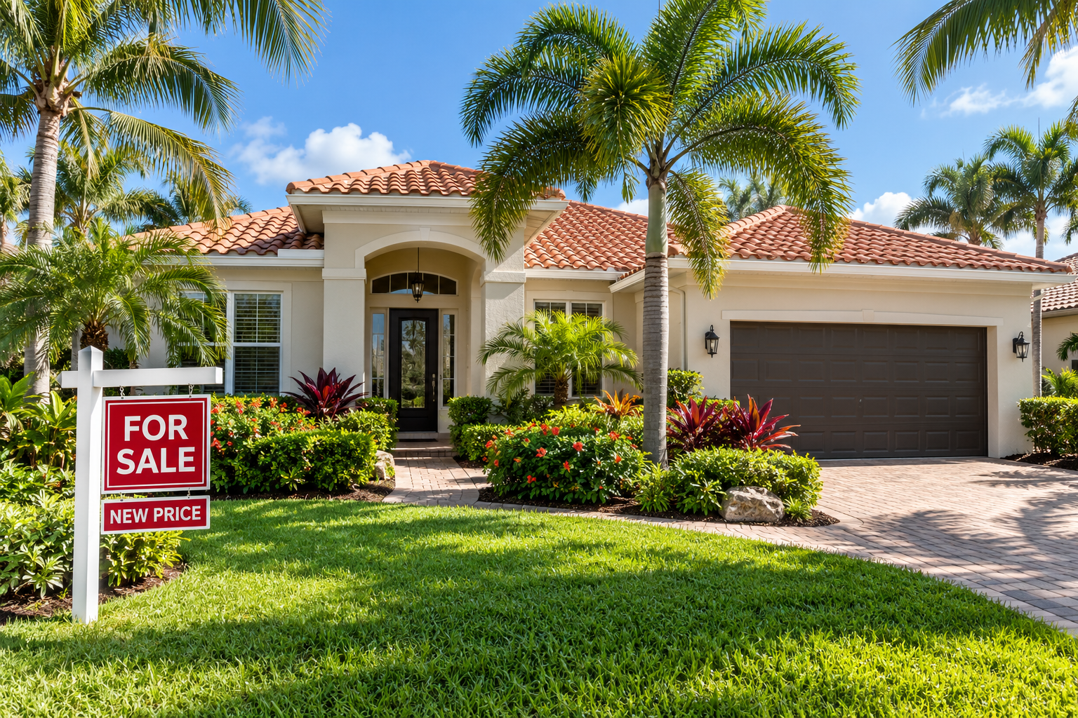 Florida-style home with tropical landscaping and a For Sale sign displaying a New Price rider. Florida-style home with tropical landscaping and a For Sale sign displaying a New Price rider.