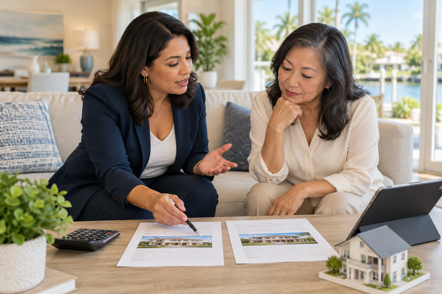 Real estate professional and homeowner comparing property information during a home-selling consultation. Real estate professional and homeowner comparing property information during a home-selling consultation.