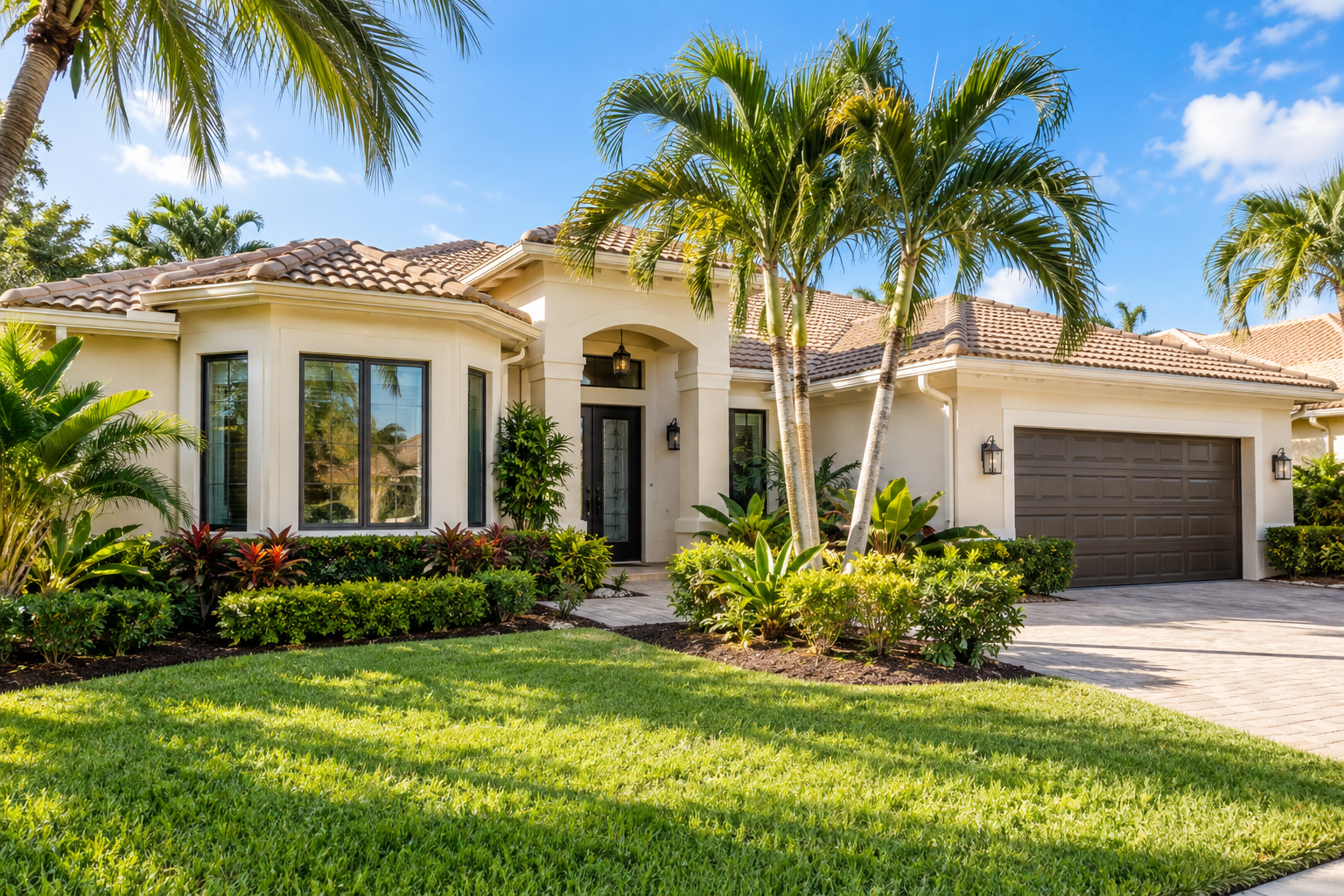 Single-story Florida home with a tile roof, palm trees, and tropical landscaping.