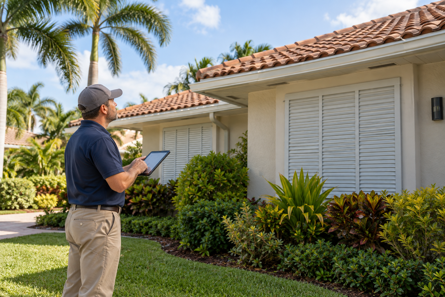 Home inspector holding a tablet while examining a Florida home’s tile roof and hurricane shutters.