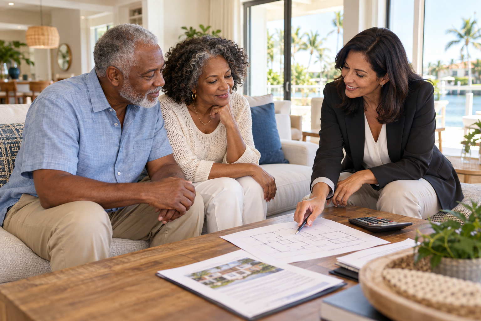 Older couple meeting with a real estate professional to review a home floor plan and moving costs.