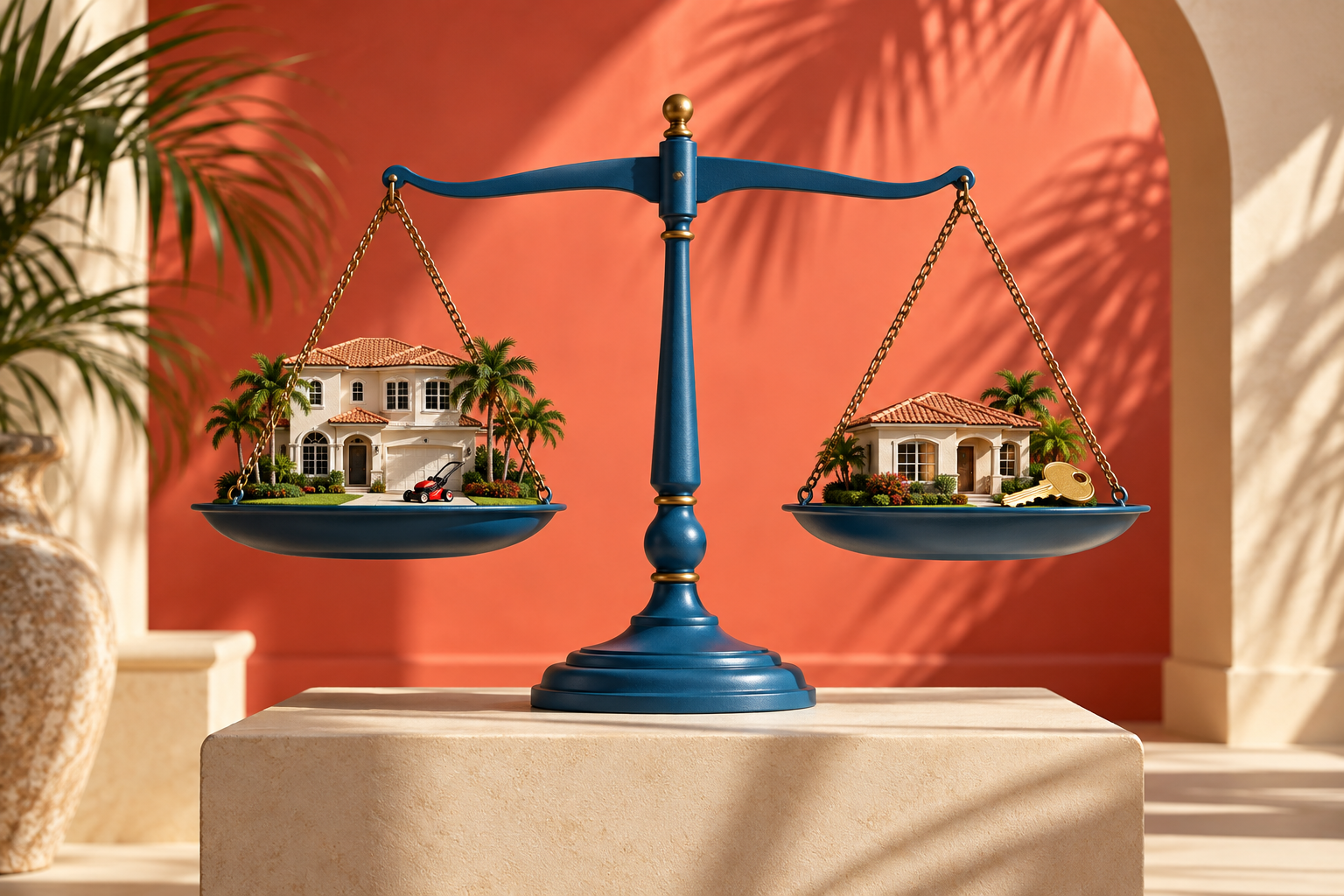 Blue balance scale holding a larger house and lawn mower opposite a smaller villa and gold key.