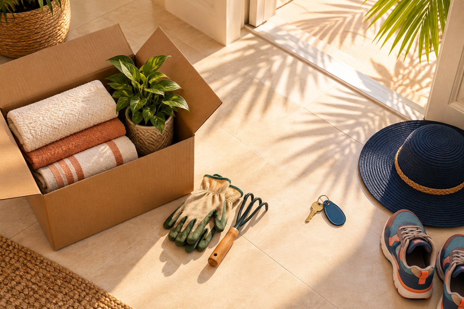 Moving box, gardening tools, house keys, walking shoes, and a sun hat on a sunlit tile floor.