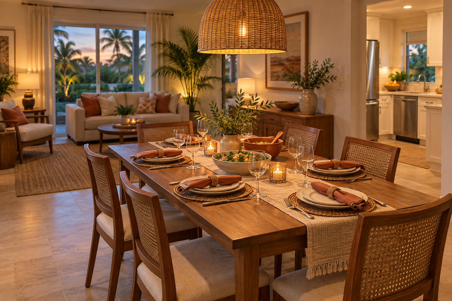 Sunny kitchen dining nook with a round wooden table, four cushioned chairs, coffee mugs, and a crossword puzzle.