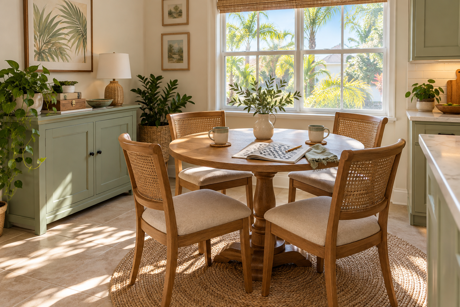 Rectangular dining table set for six in a shared living and dining room, with the kitchen nearby.
