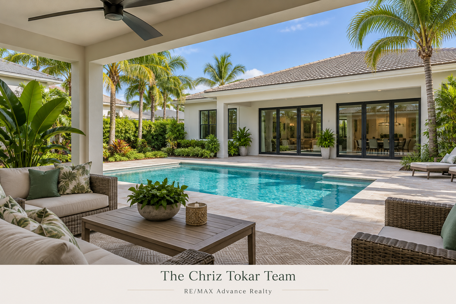Covered patio overlooking a swimming pool, tropical landscaping, and a single-story Florida home. Covered patio overlooking a swimming pool, tropical landscaping, and a single-story Florida home.