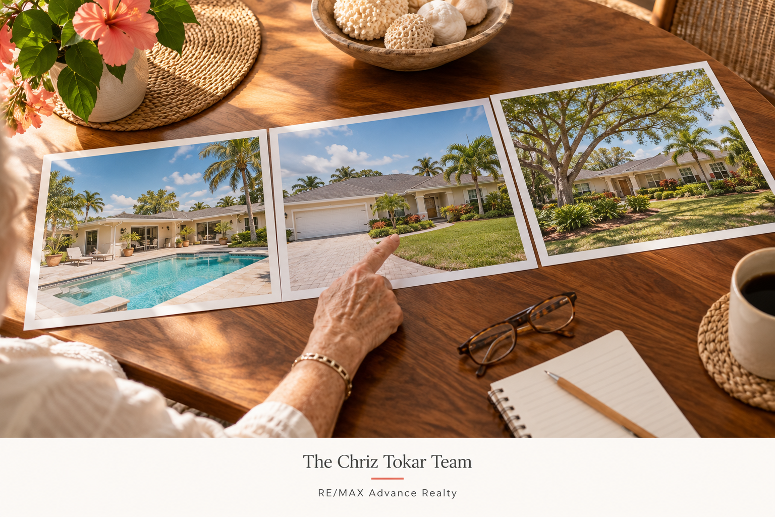 Homeowner reviewing three Florida home photographs side by side at a wooden table. Homeowner reviewing three Florida home photographs side by side at a wooden table.