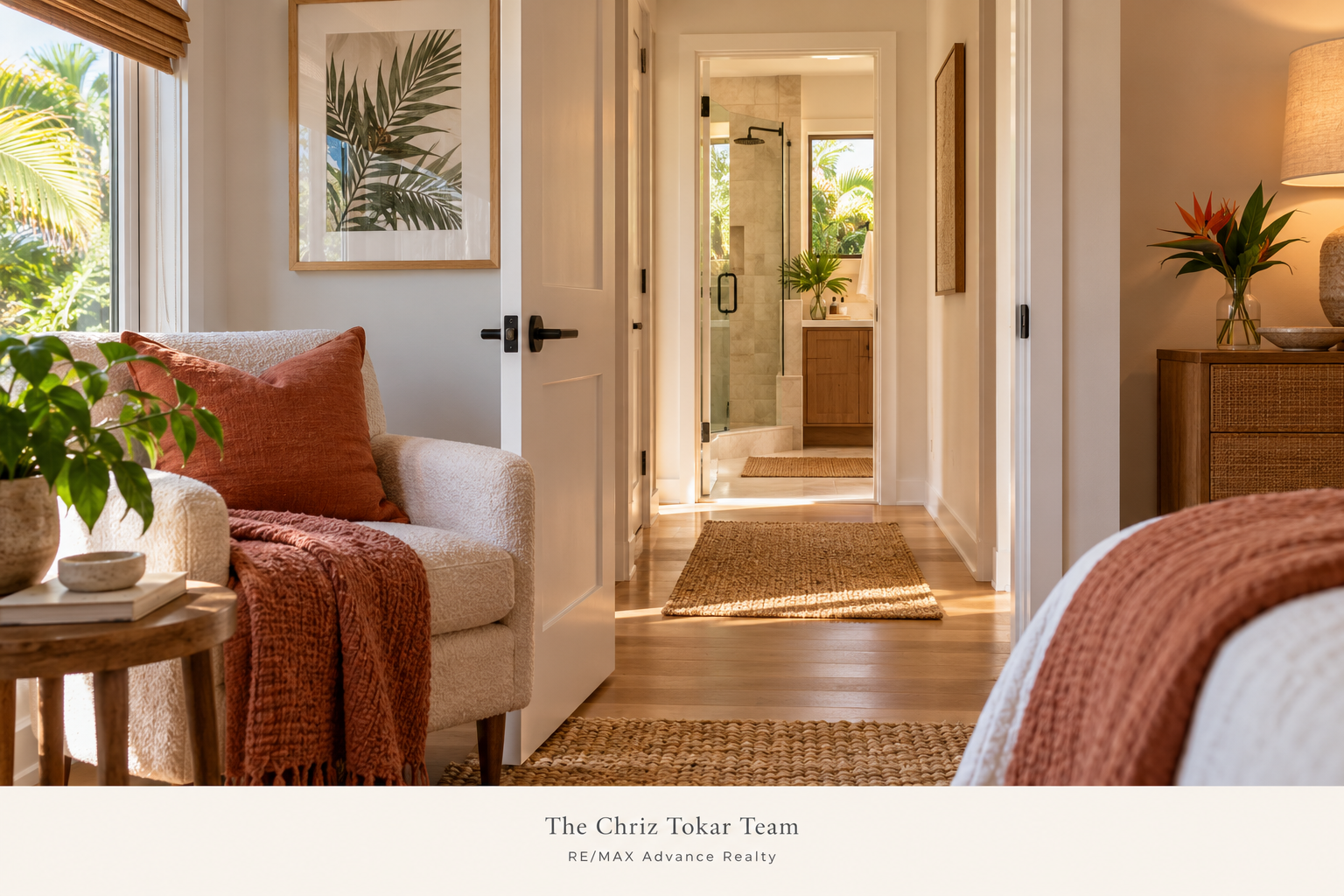 Quiet bedroom with a sitting area and a nearby bathroom reached through a short hallway. Quiet bedroom with a sitting area and a nearby bathroom reached through a short hallway.