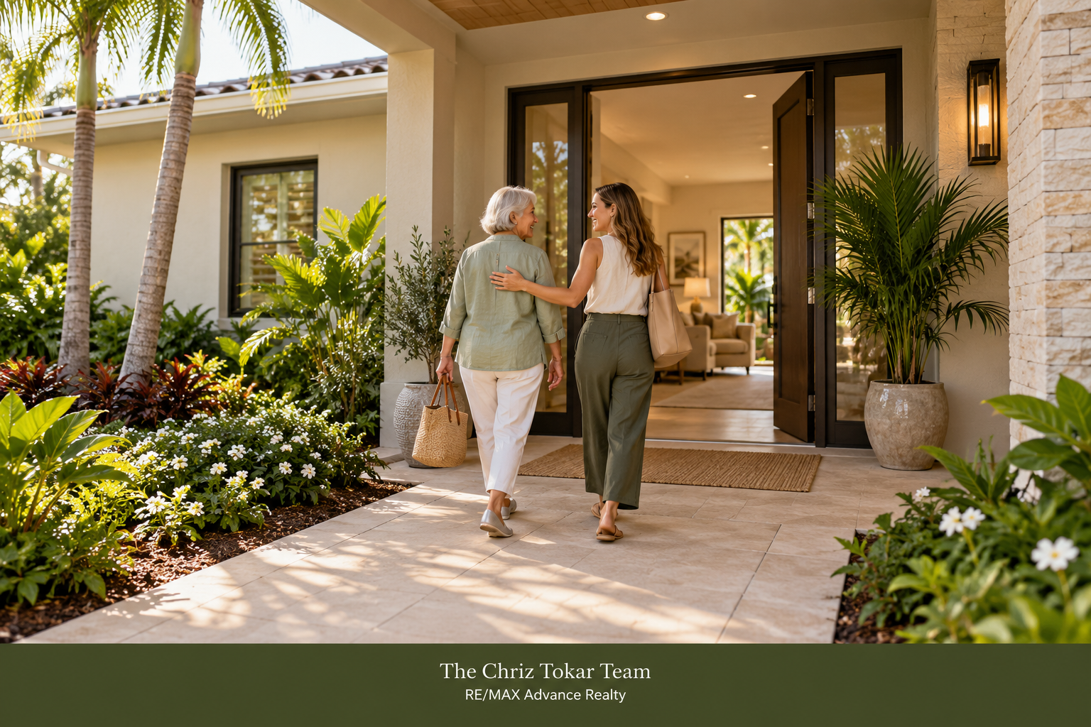 An older woman and younger adult approaching a wide, step-free entrance surrounded by tropical landscaping An older woman and younger adult approaching a wide, step-free entrance surrounded by tropical landscaping