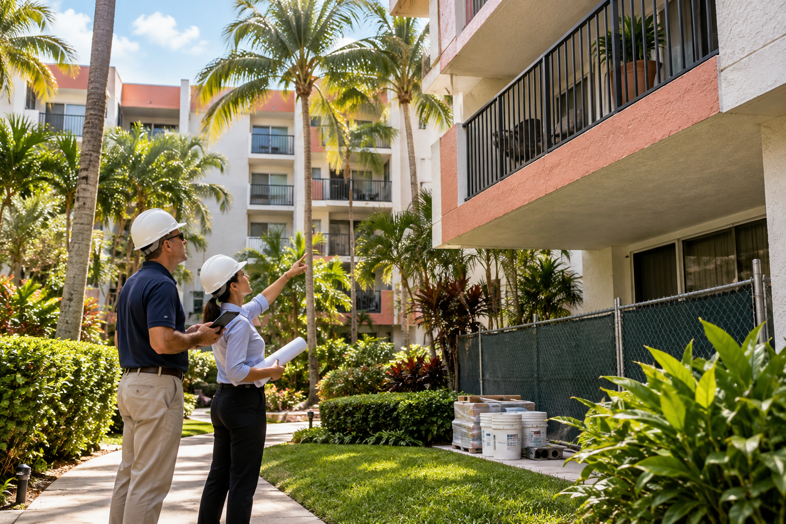 Two building professionals examining condominium balconies beside a maintenance area in a palm-lined courtyard. Two building professionals examining condominium balconies beside a maintenance area in a palm-lined courtyard.