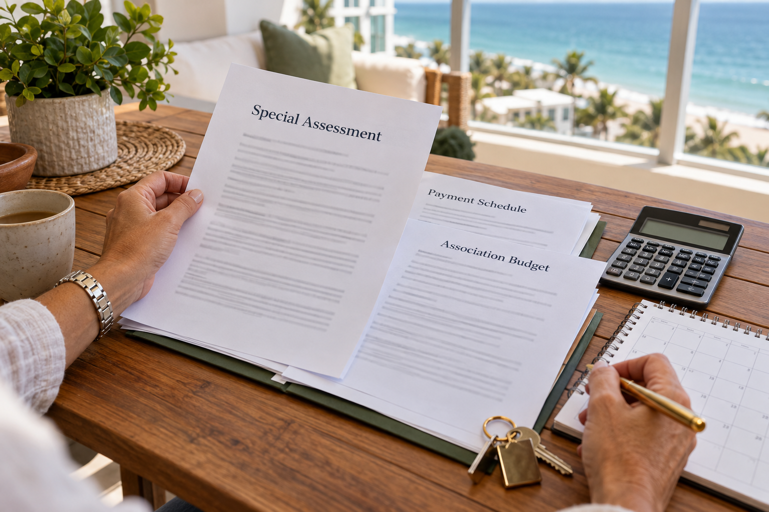 Buyer reviewing condo special assessment paperwork, a payment schedule, and an association budget beside a calculator. Buyer reviewing condo special assessment paperwork, a payment schedule, and an association budget beside a calculator.
