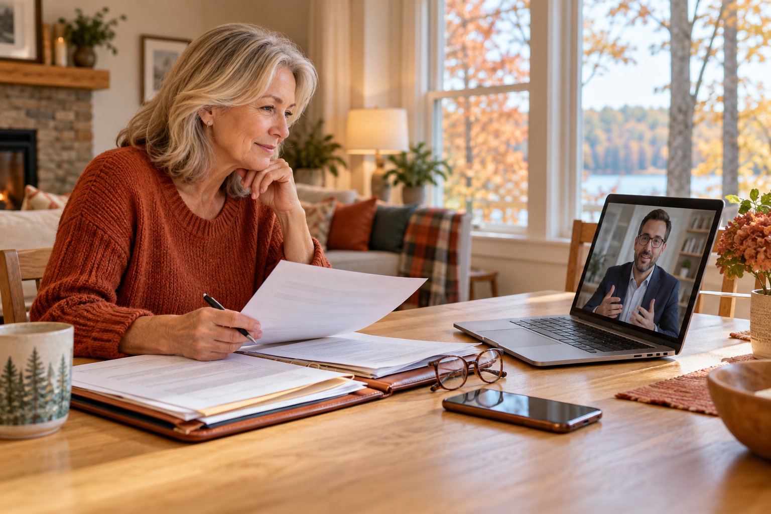 A homeowner reviews home sale paperwork during a laptop video call from her out-of-state home.