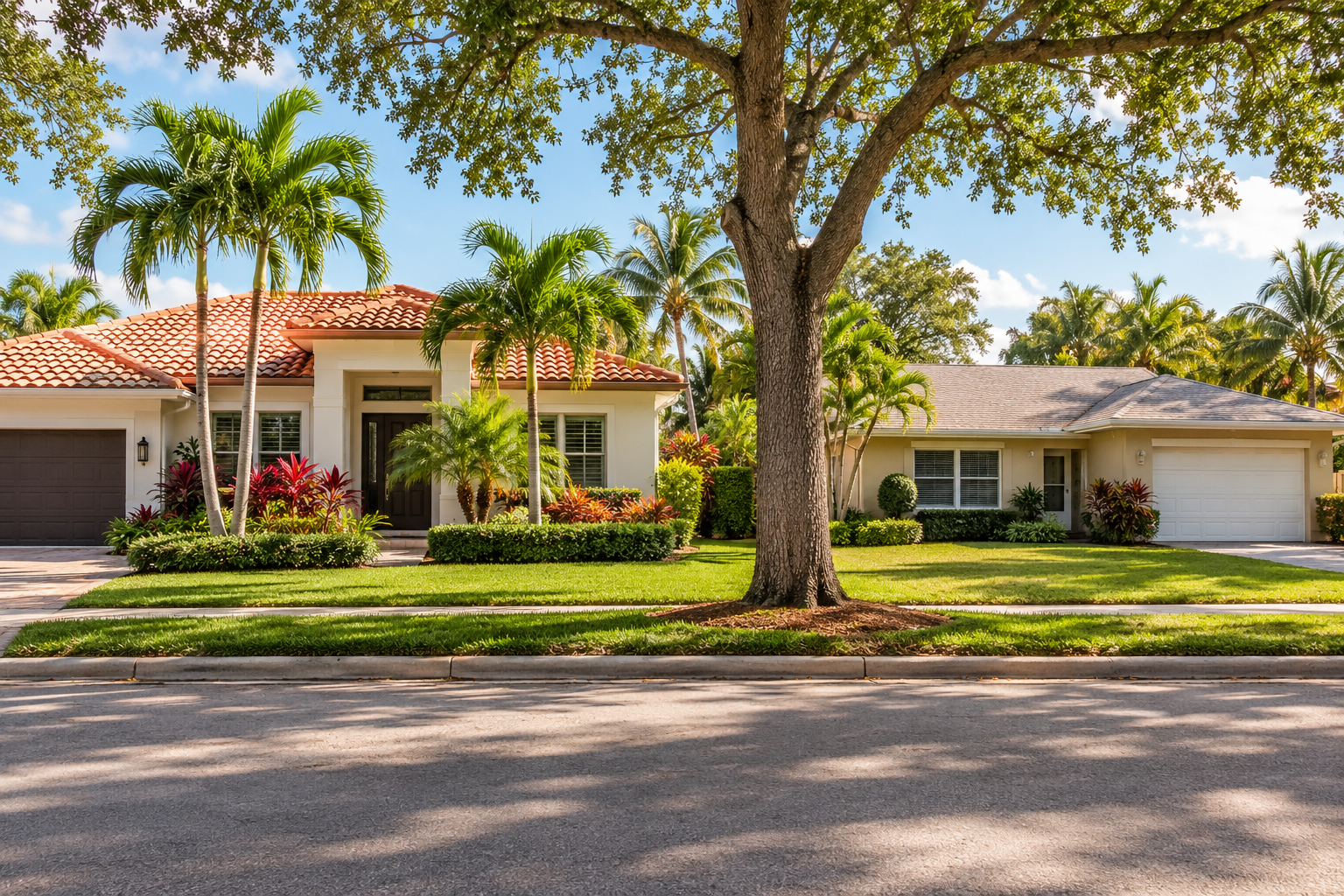 Two neighboring Florida homes with different roof styles, entrances, and landscaping beneath mature trees