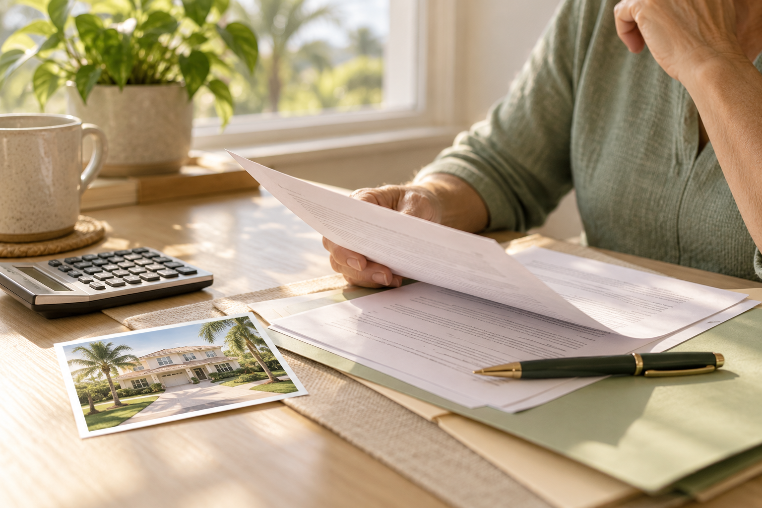 Homeowner reviewing sale paperwork beside a calculator and a photograph of a Florida home.