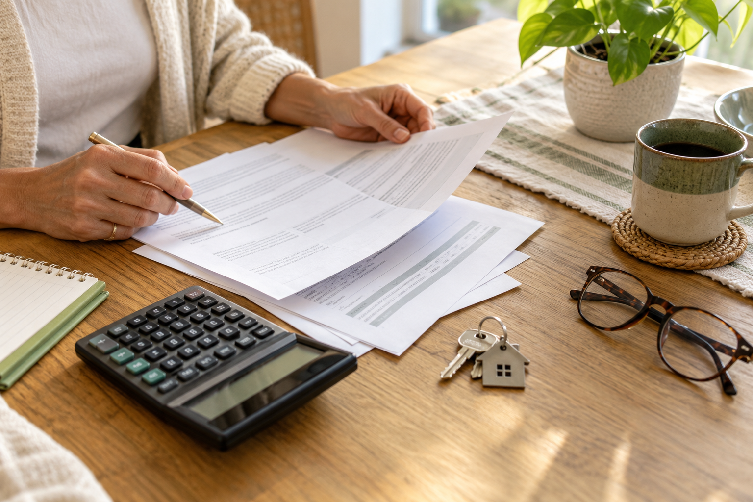 Homeowner reviewing mortgage paperwork at a table with a calculator, eyeglasses, and house keys. Homeowner reviewing mortgage paperwork at a table with a calculator, eyeglasses, and house keys.