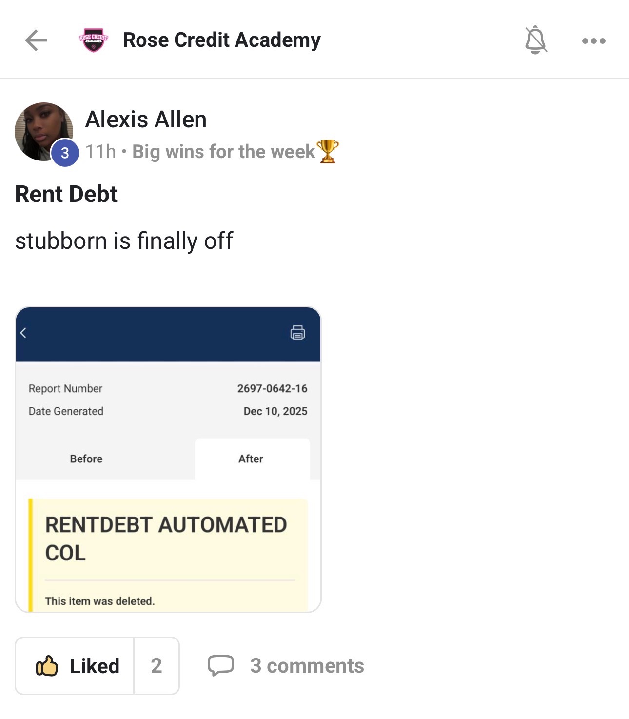 Student success post showing a rent debt collection account marked deleted from a consumer credit report