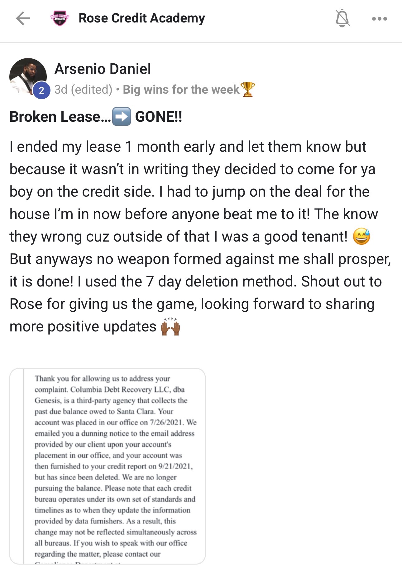 Student Facebook testimonial reporting a broken lease removed from rental history using Rose Credit Academy resources