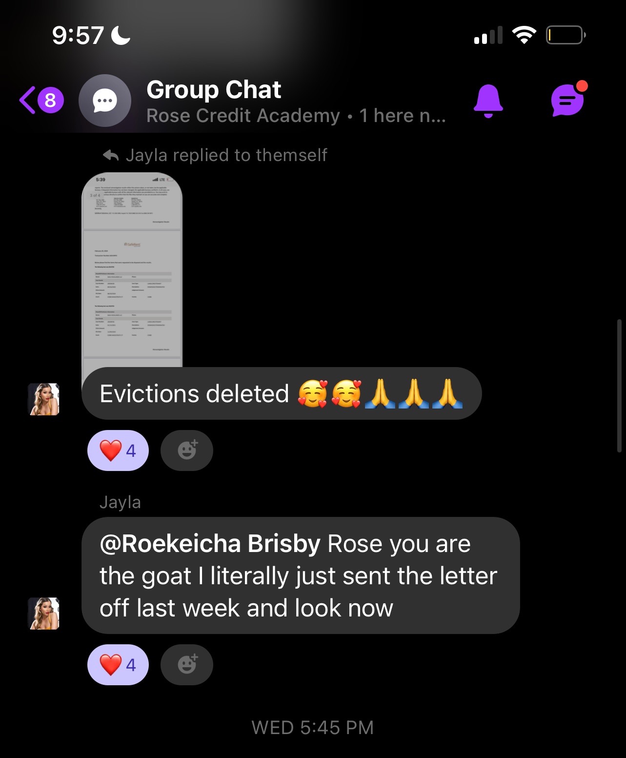 Rose Credit Academy student group chat testimonial reporting eviction record deletion after submitting rental history dispute letters