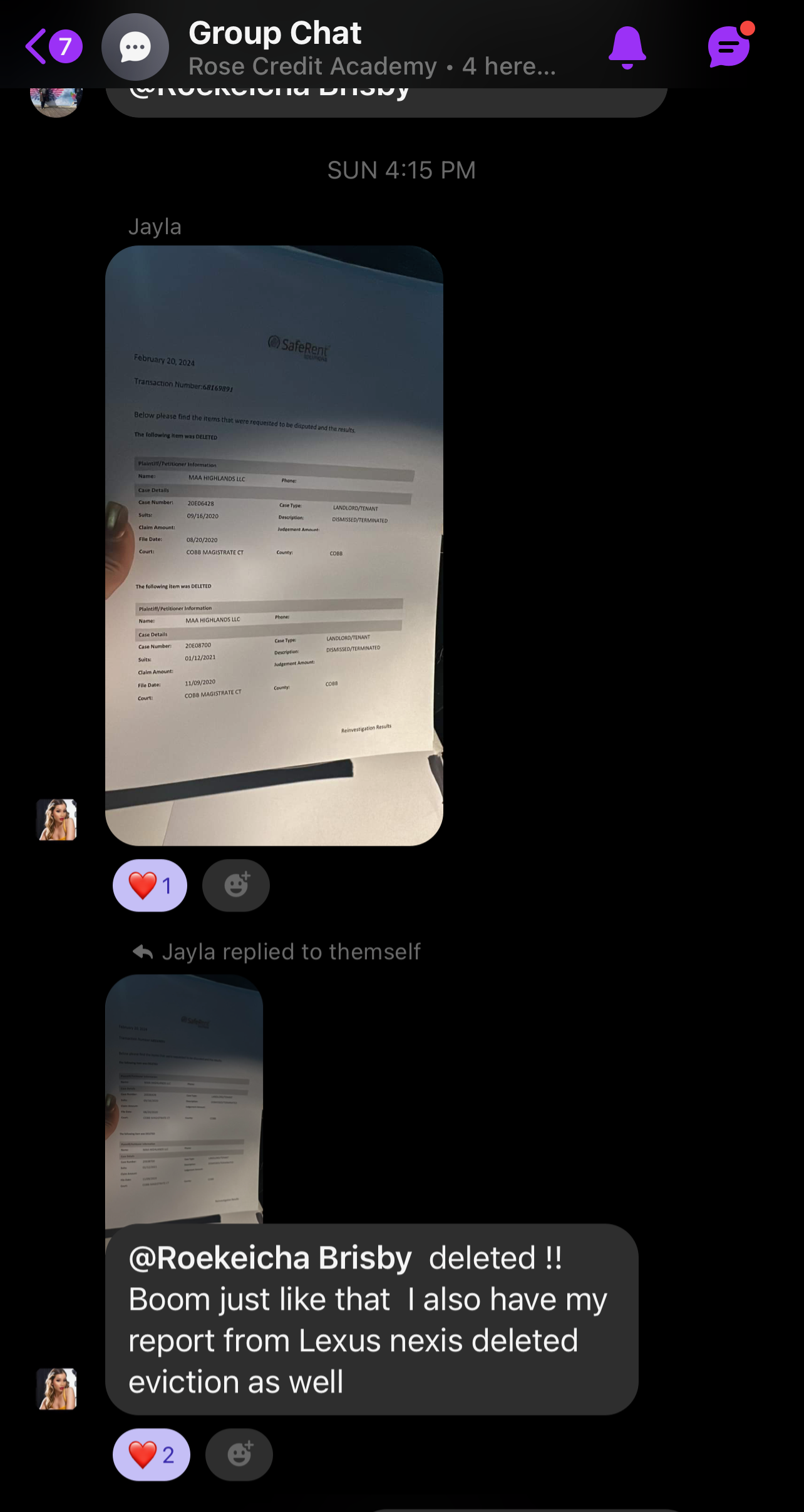 Rose Credit Academy group chat screenshot showing a student-reported eviction removal from a LexisNexis tenant screening report