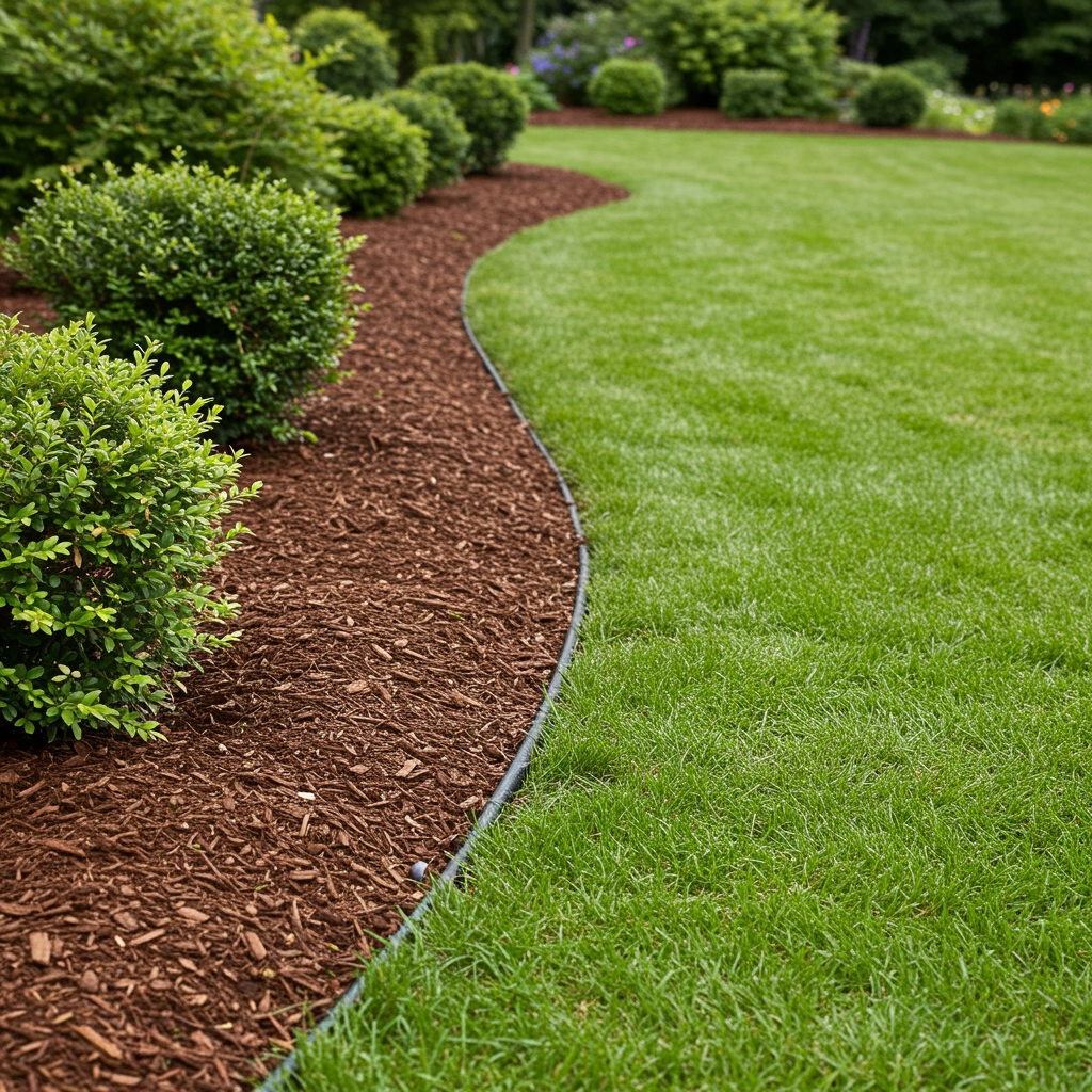 Close-up of clean lawn edging along a driveway