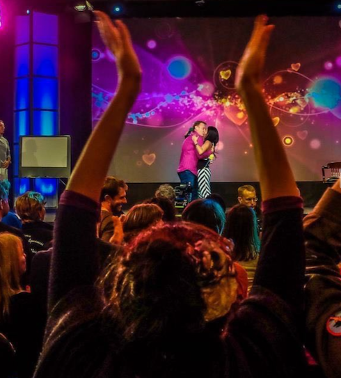 Elizabeth Carter at a large live event in Boca Raton in 2014 during her proposal moment