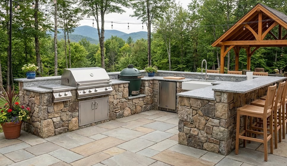 Outdoor kitchen with stone counters and mountain view