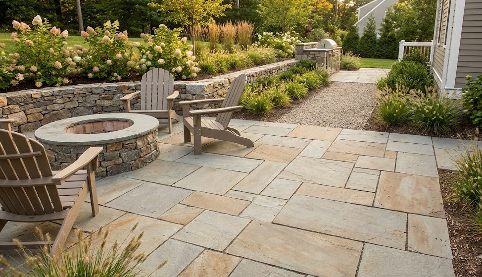 Natural stone retaining wall with plantings
