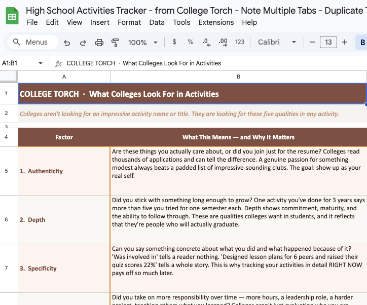 Preview of the High School Activity Tracker spreadsheet