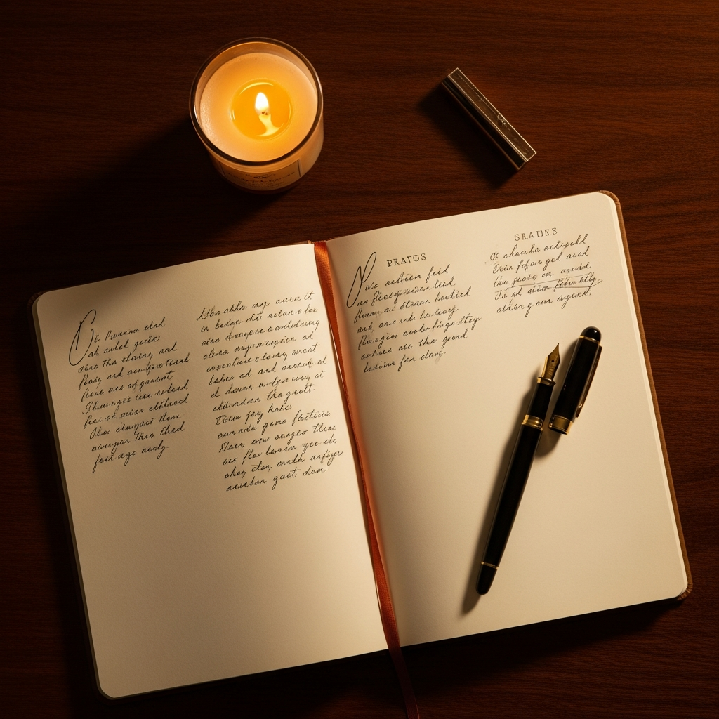 Writing workspace with notebook and pen