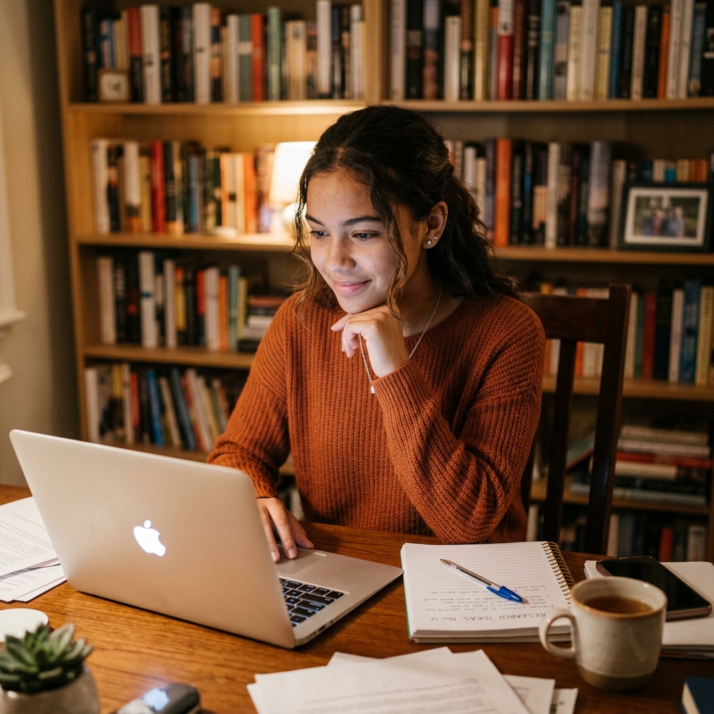 Student researching summer programs at her desk