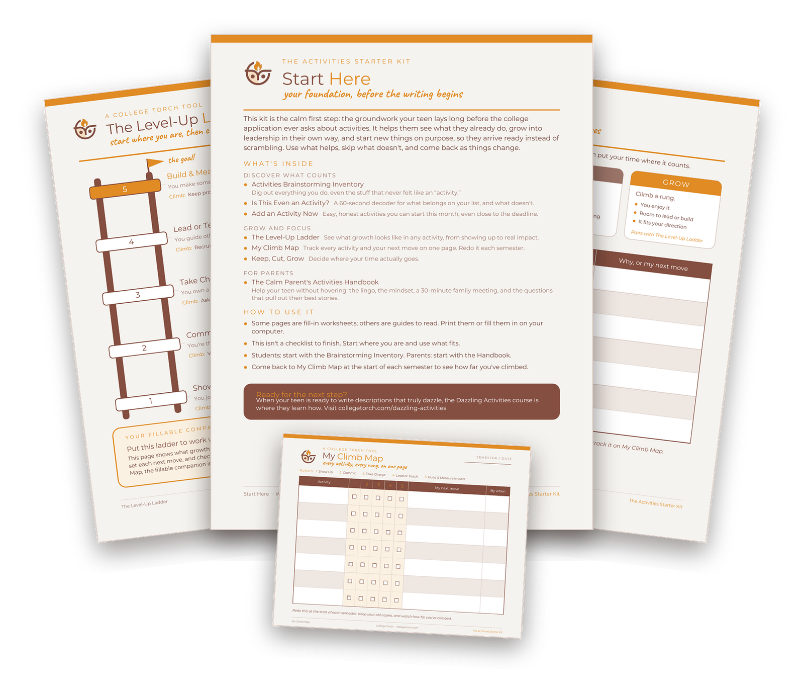 A spread of pages from the Activities Starter Kit, including the welcome guide, the Level-Up Ladder, Keep Cut Grow, and My Climb Map