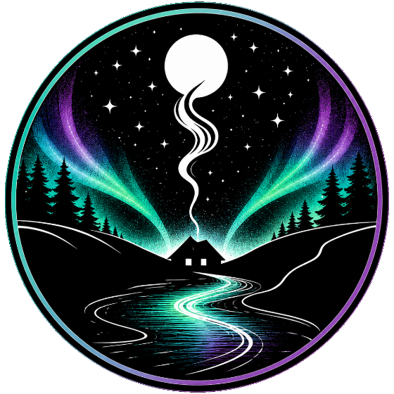 At The River—cabin under the aurora, moon and winding river mark