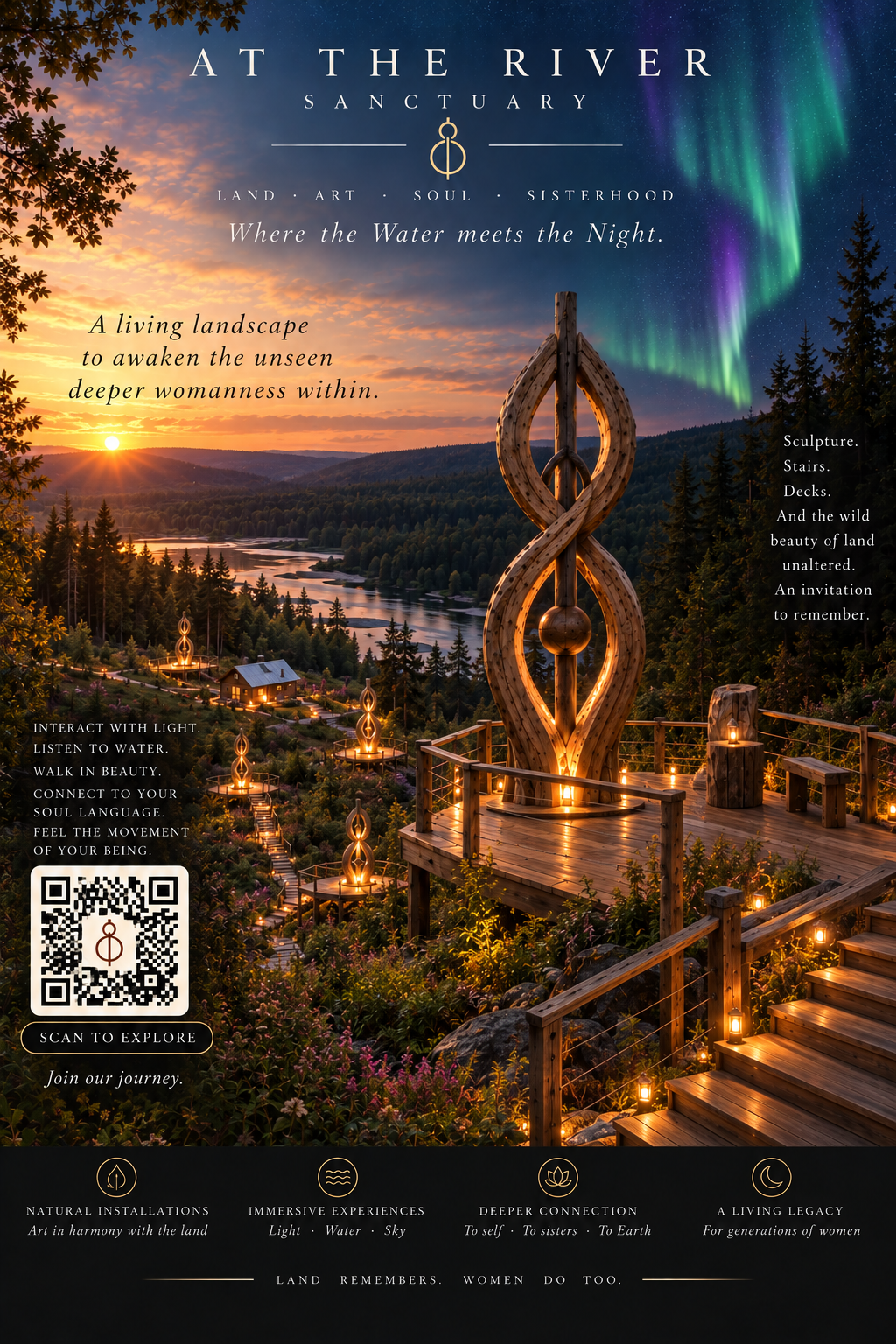Concept render—a carved wooden figure-eight installation on a lantern-lit deck above the Freeman River valley
