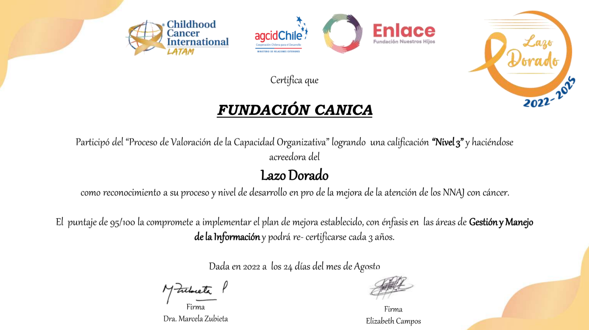 Certificación Lazo Dorado de por Childhood Cancer International