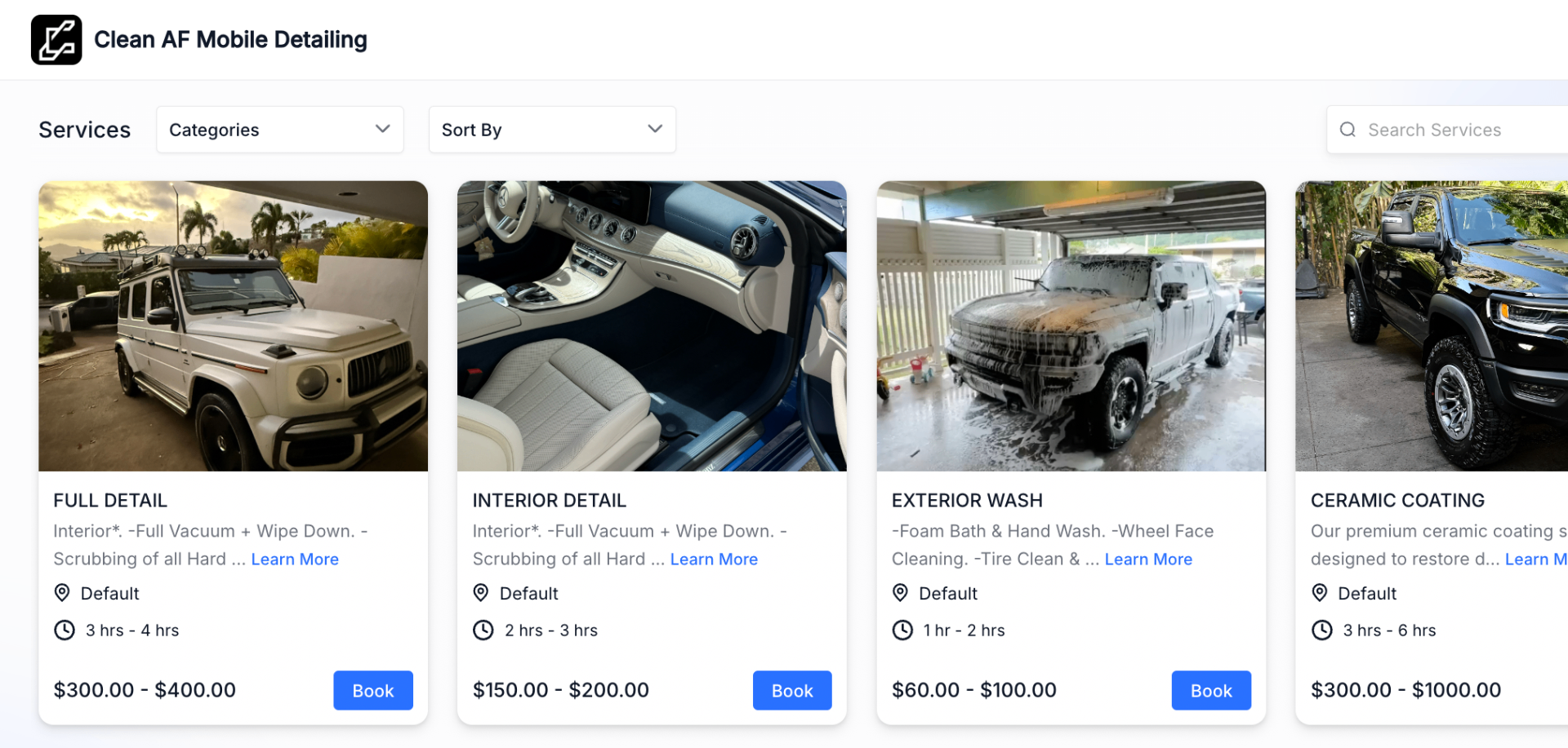 Clean AF Mobile Detailing booking and services page
