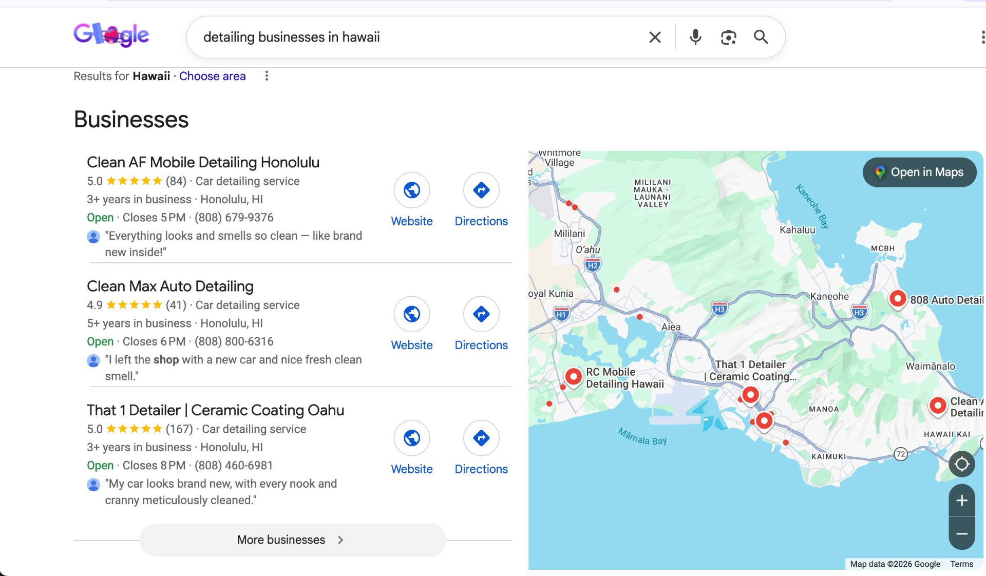 Clean AF ranking #1 on Google for detailing businesses in Hawaii