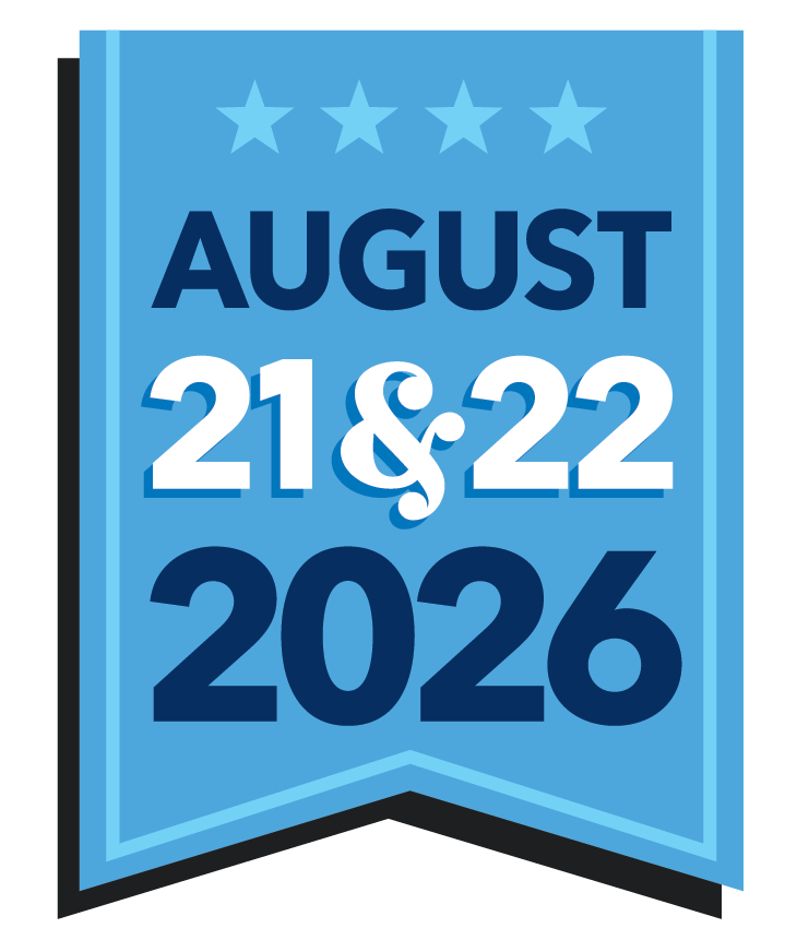 Blue banner flag with text "August 21 and 22, 2026"