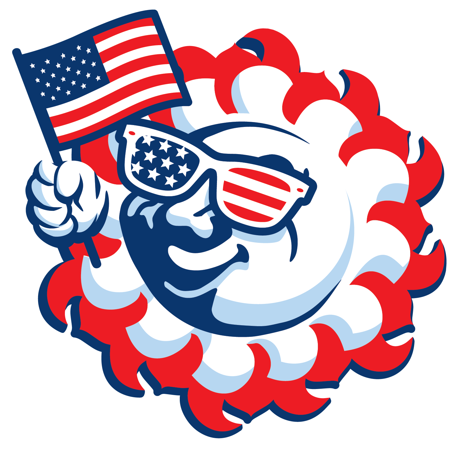 Caroline Summerfest smiley sun with patriotic glasses and a US flag logo