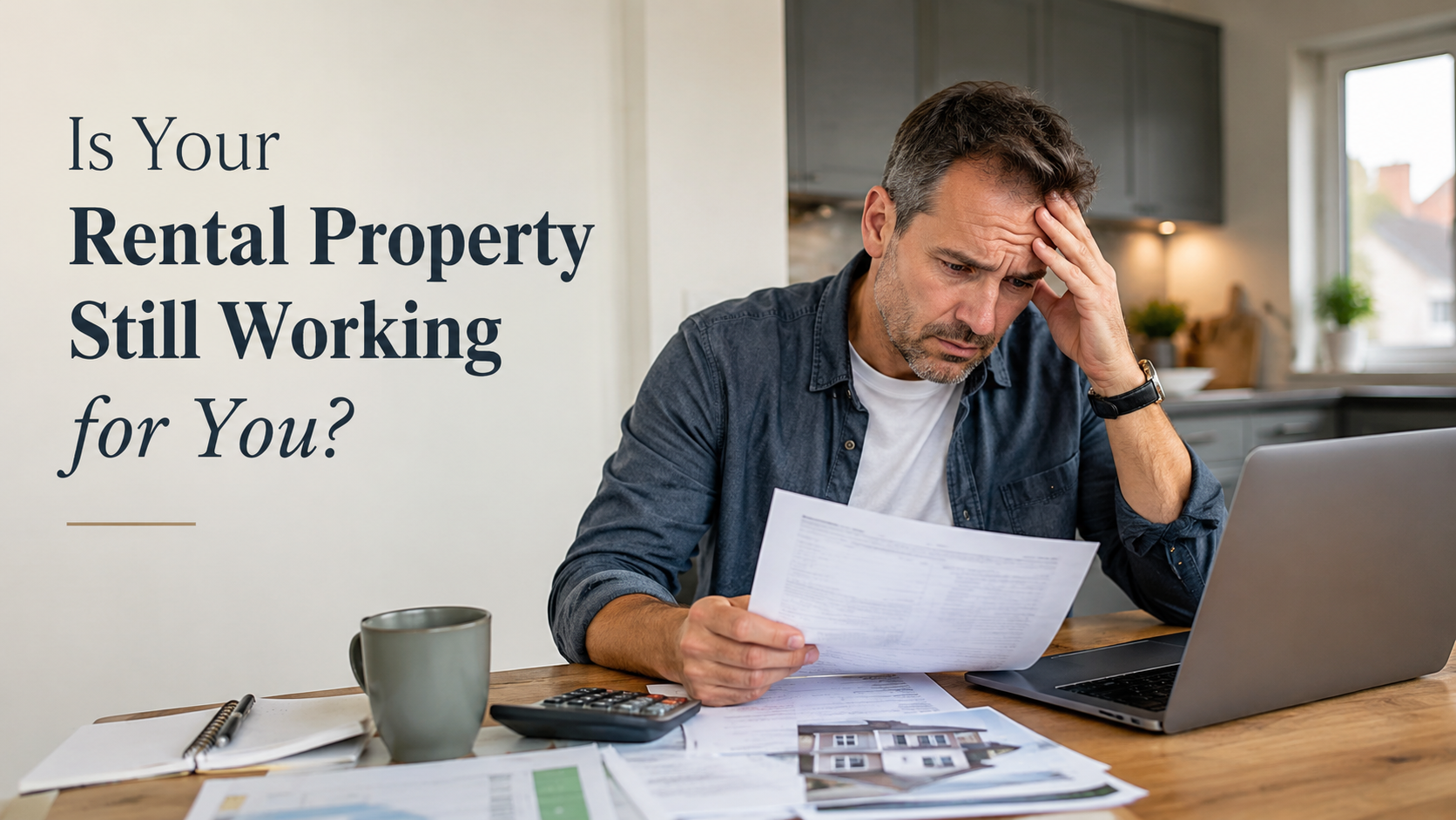 Stressed landlord reviewing rental property paperwork and costs Stressed landlord reviewing rental property paperwork and costs