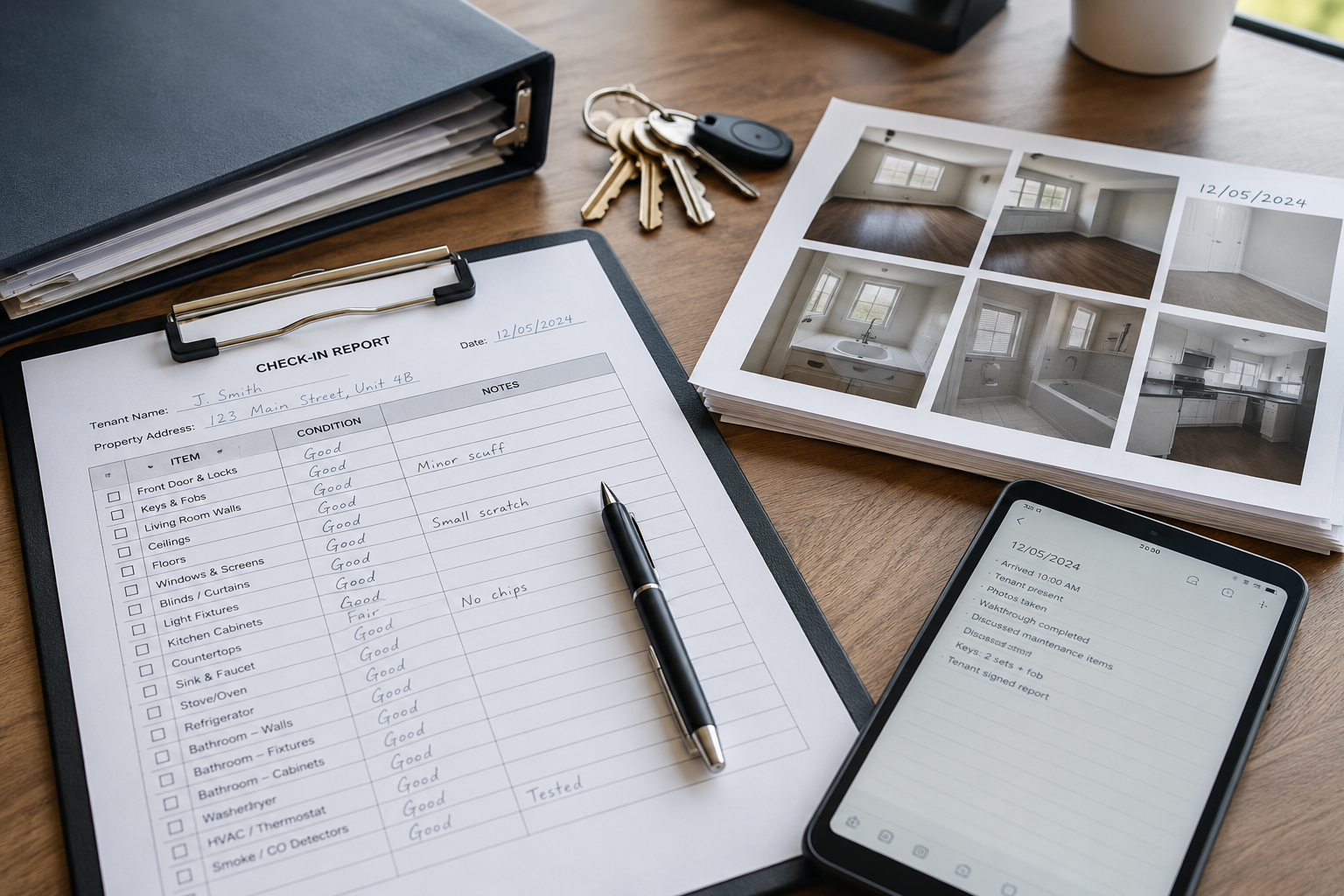 Check-in report with property photos, keys and records for landlord evidence Check-in report with property photos, keys and records for landlord evidence