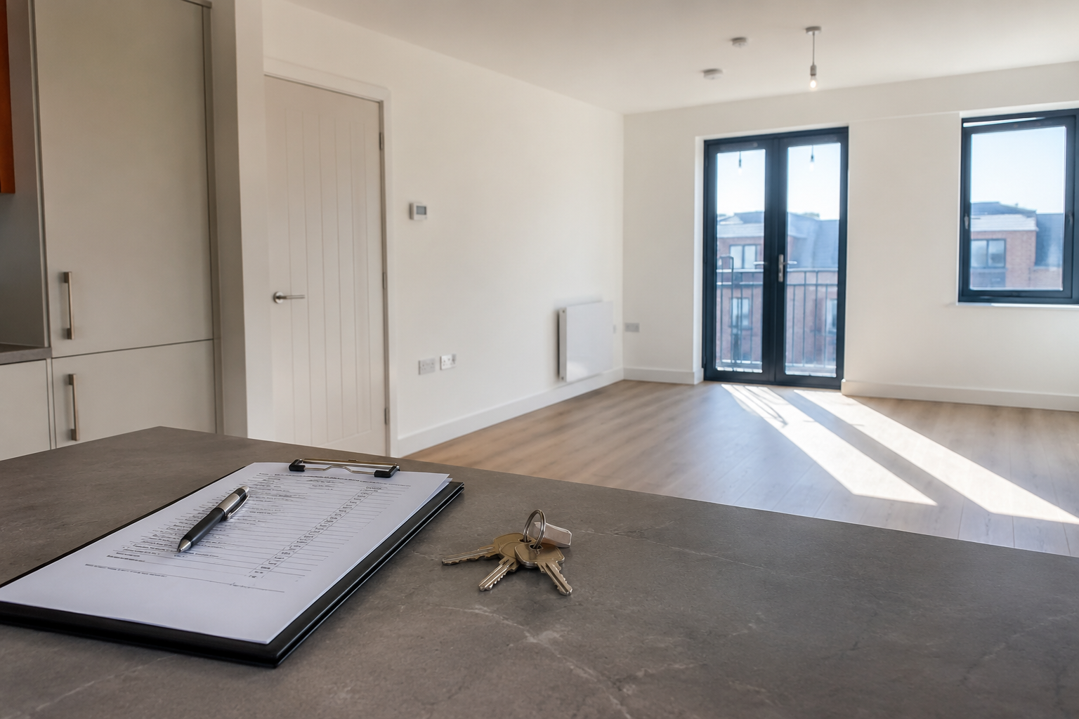 Empty rental property with keys and inspection paperwork showing the importance of professional property management Empty rental property with keys and inspection paperwork showing the importance of professional property management