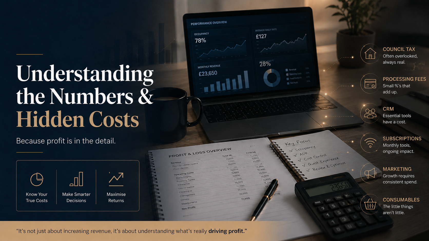 Serviced accommodation financial analysis showing Council Tax, payment-processing fees, CRM software, marketing, subscriptions and consumables.
