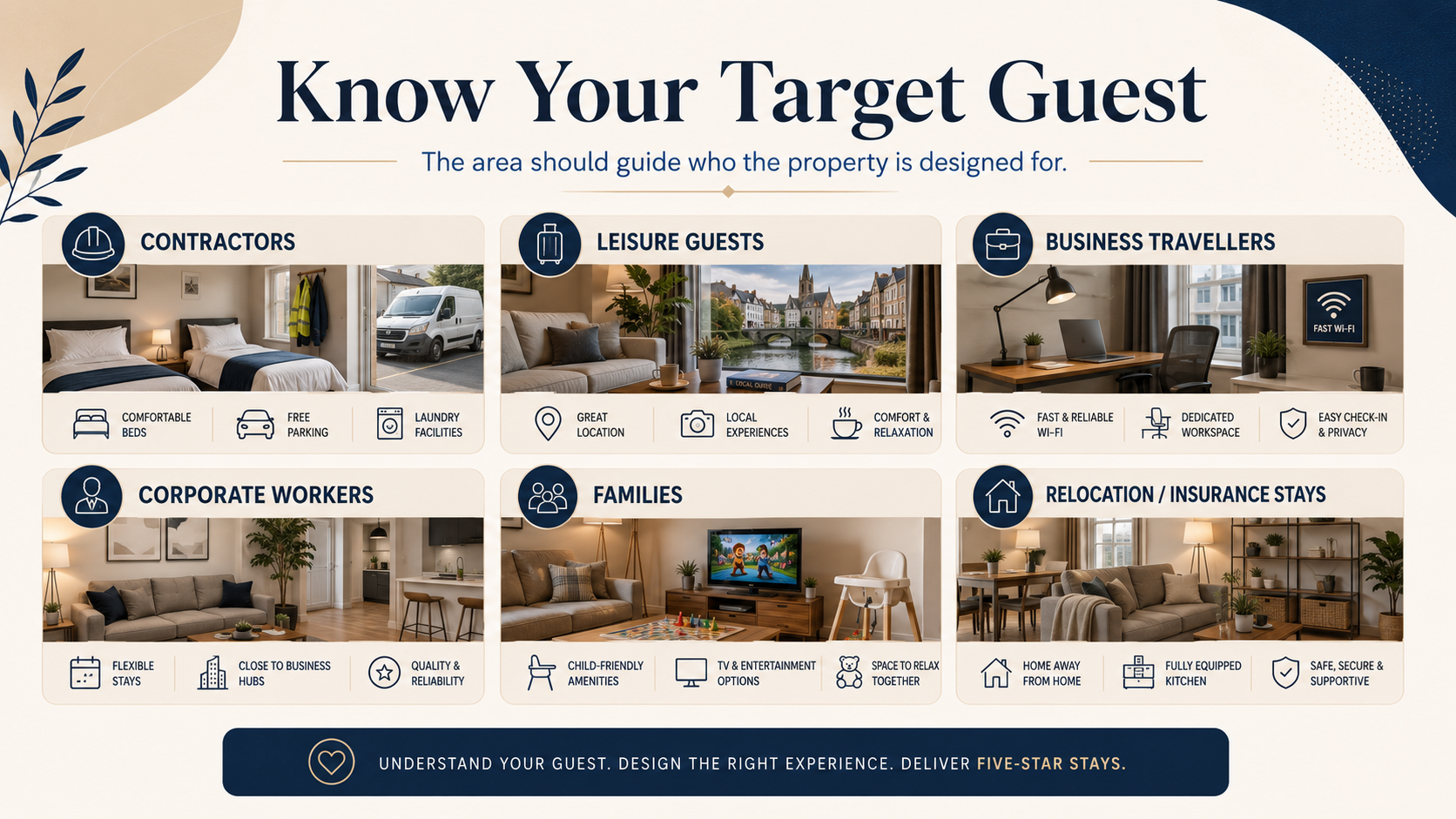 Serviced accommodation target markets including contractors, leisure guests, business travellers, corporate workers, families and relocation stays.